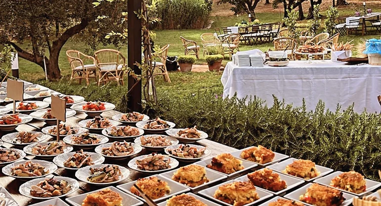 Tables set and assorted catering food in a garden with olive trees.
