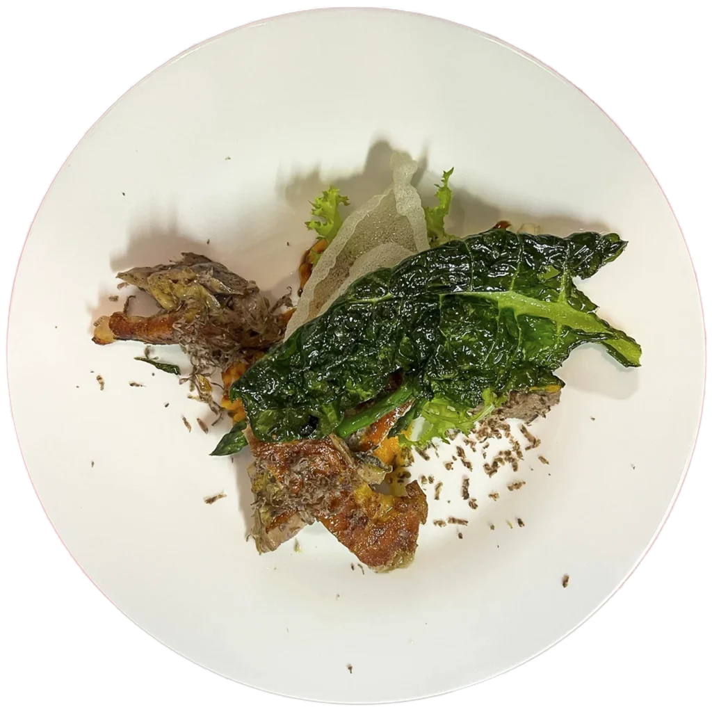 Foto dall'alto del piatto con Faraona con purè di carote e erbe di campo