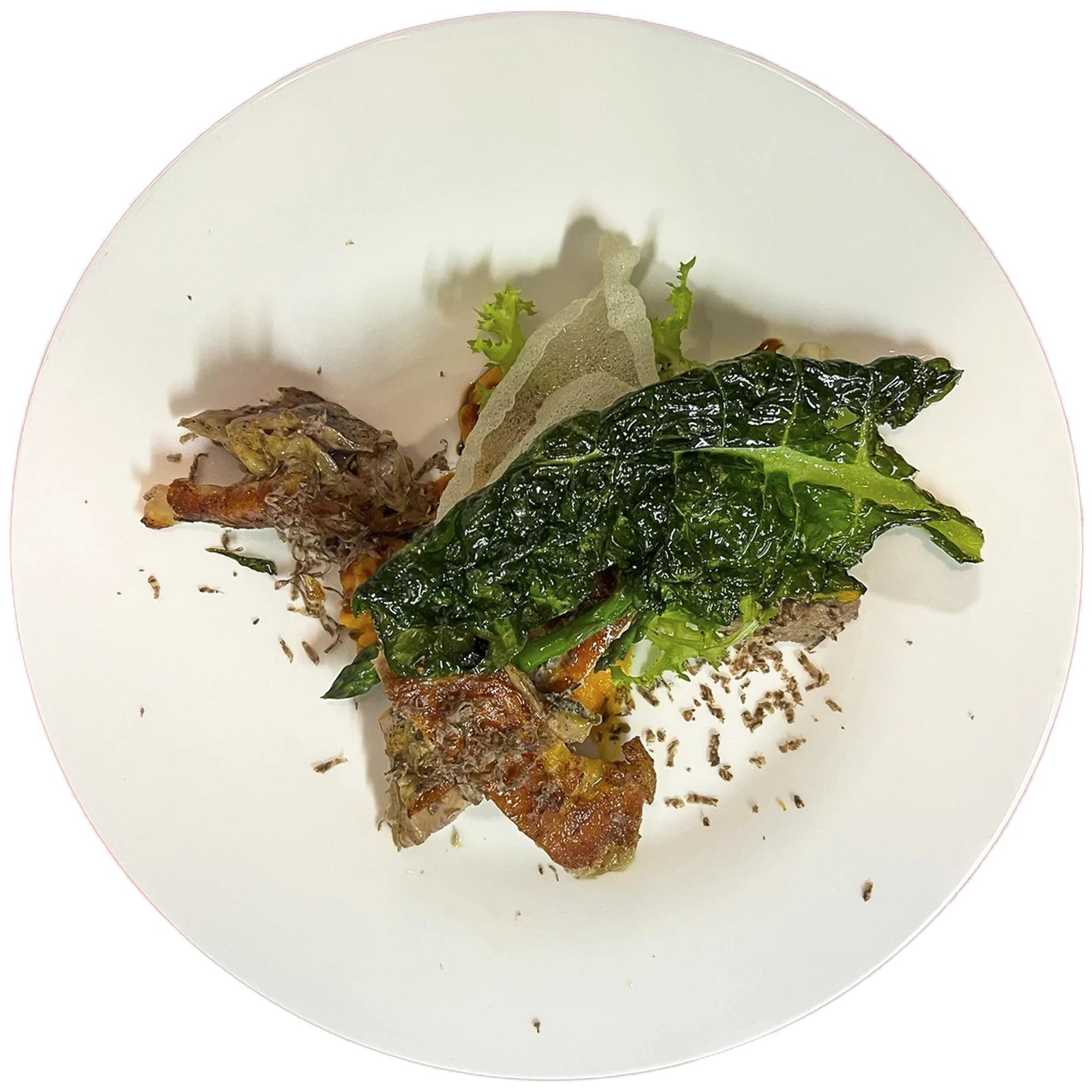 Foto dall'alto del piatto con Faraona con purè di carote e erbe di campo