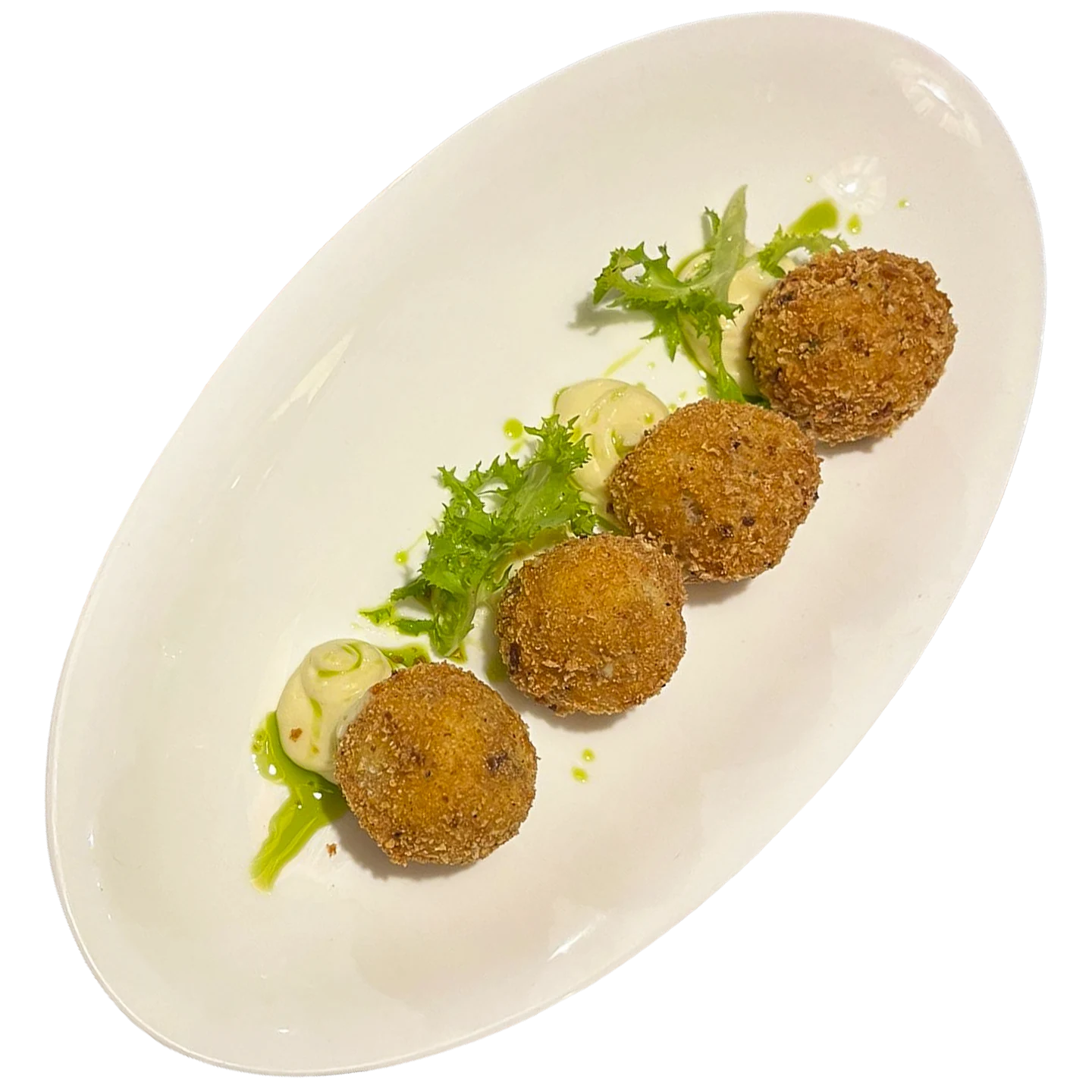 foto dall'alto del piatto: Polpettine di pescato con maionese alla senape