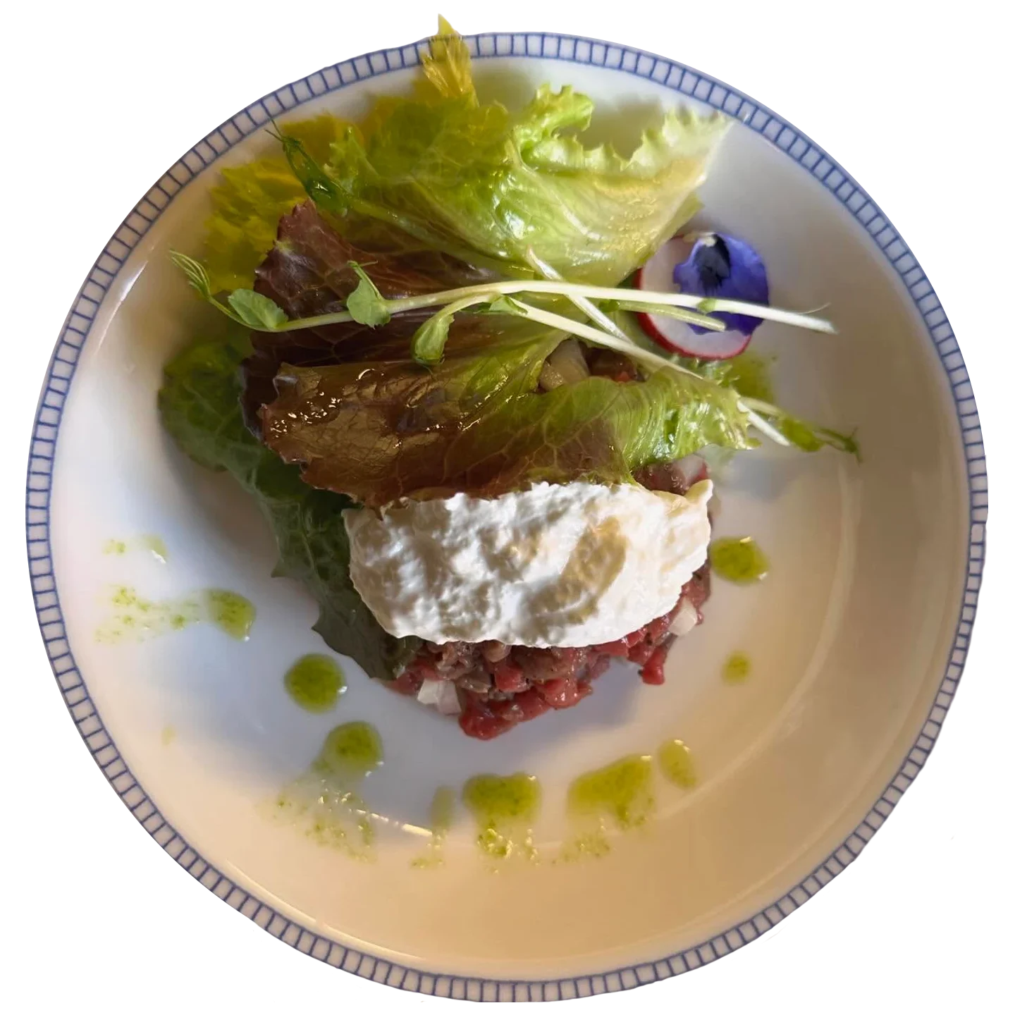 Tartare di manzo con burrata, lattuga, ravanelli e pesto alla rucola da Alcide a Venturina