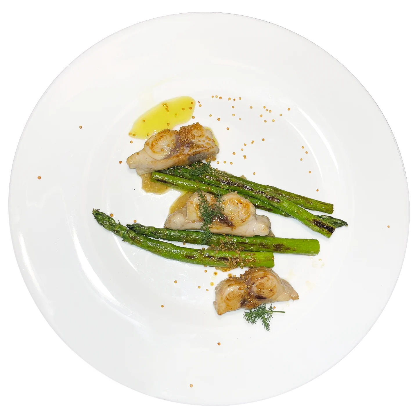 Foto dall'alto del piatto Tataki di spada con asparagi e limoni fermentati, al ristorante da Alcide a Venturina.